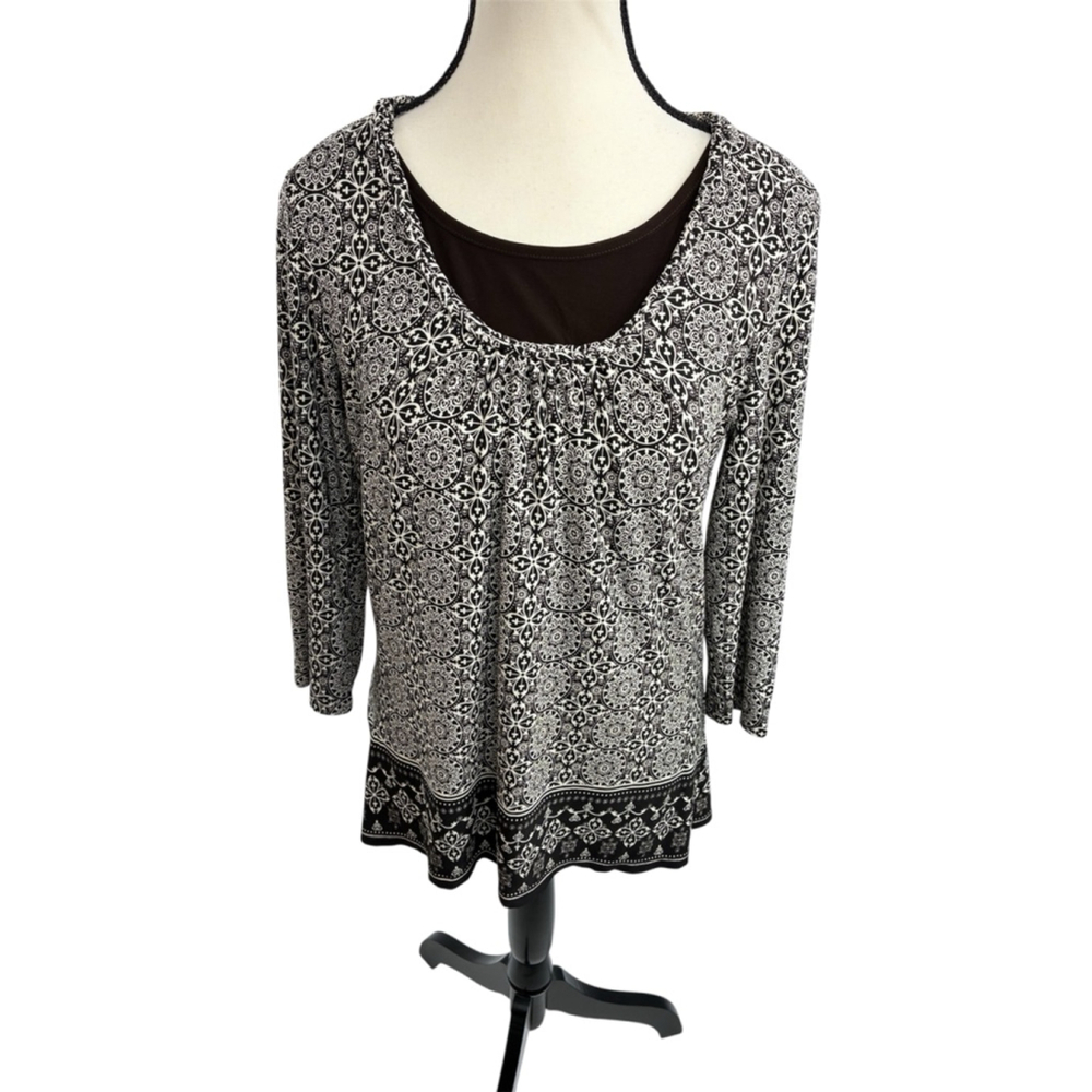 Christopher & Banks Womens M Brown White Boho Tunic Top 3/4 Sleeve Stretch